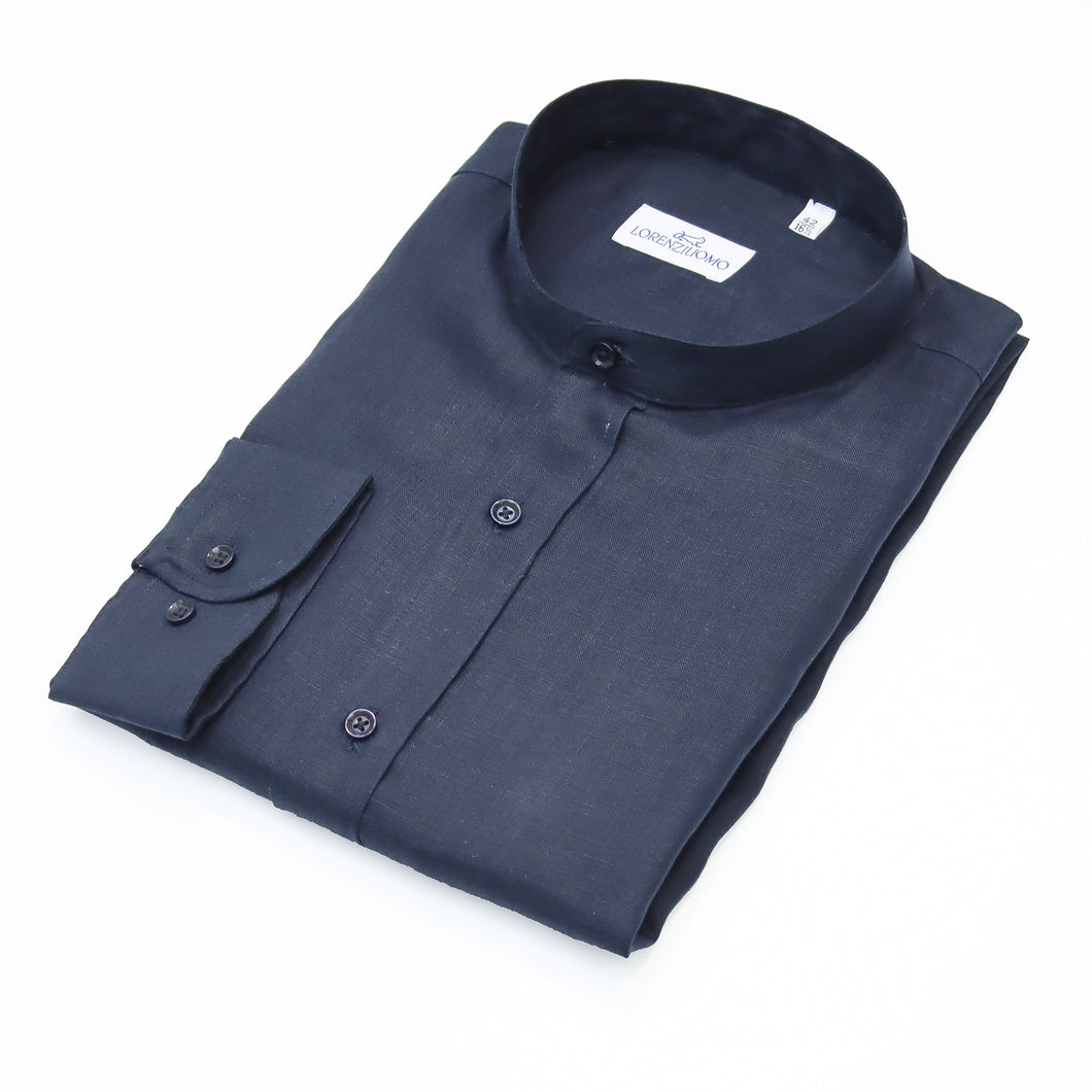 Camicia in lino blu scuro regular collo coreana 4555