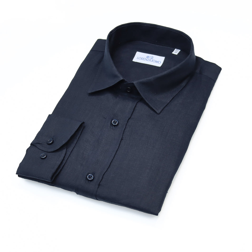 Camicia in lino blu scuro regular collo classico 4551